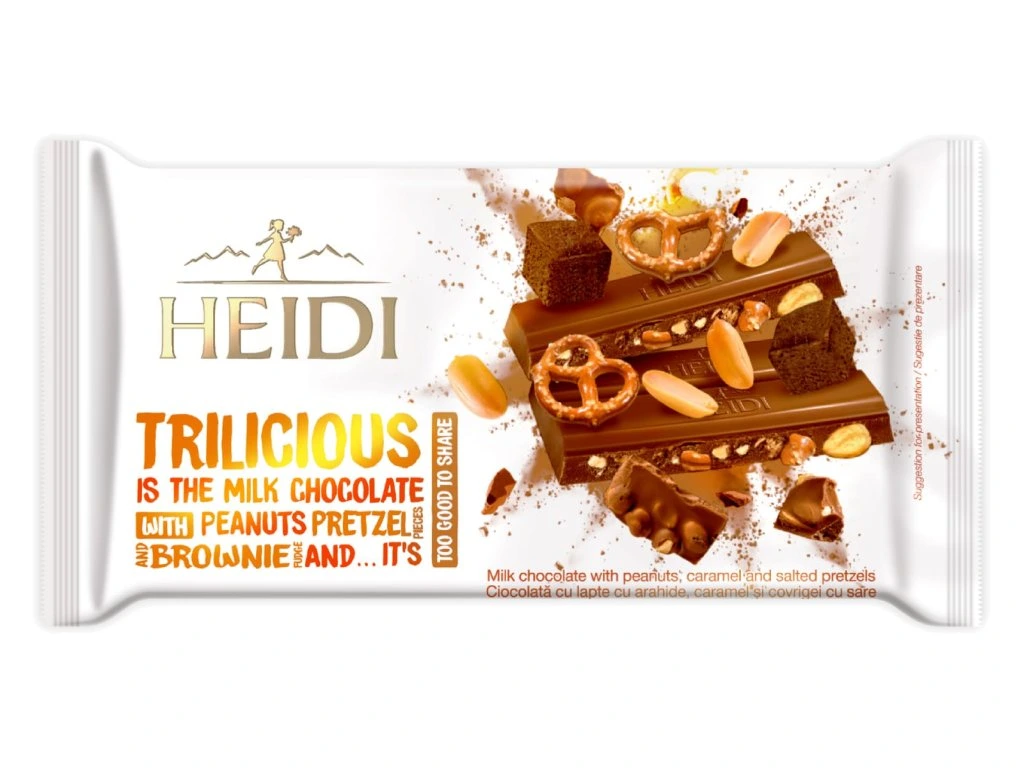 Heidi Trilicious Pretzel Mléčná čokoláda s arašídy, karamelem,solenými preclíky a brownie 180g