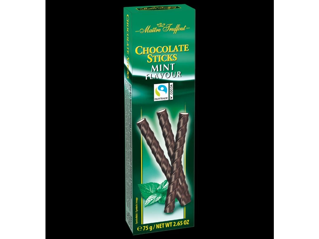 Maitre Truffout delikátní tyčinky z hořké čokolády s jemnou mátovou náplní 75g